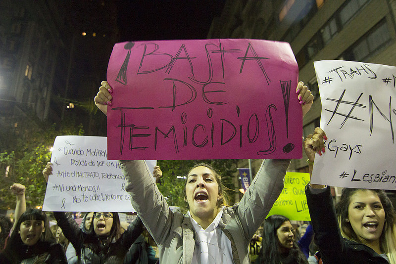 una mujer lleva en una pancarta que pone '¡Basta de femicidios!'