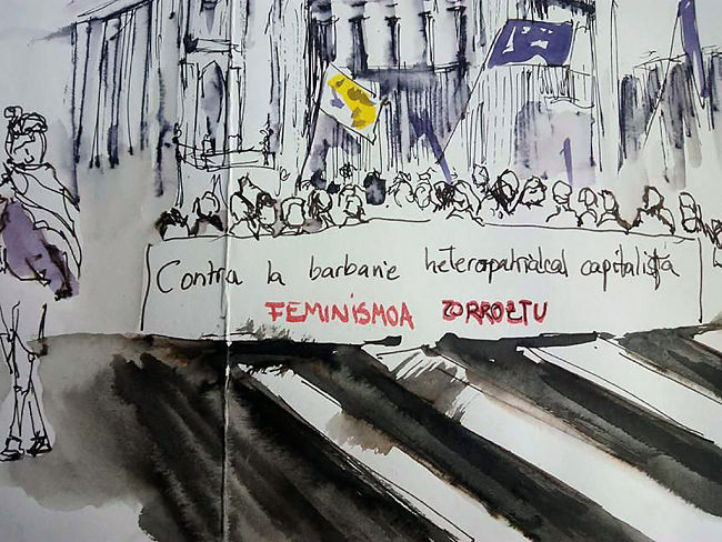 Ilustración de la manifestación del 8 de marzo hecha por las integrantes de Dibujatolrato