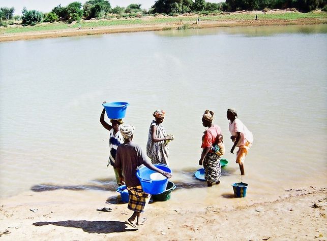 Cinco mujeres africanas cargan con bidones de agua cerca del río