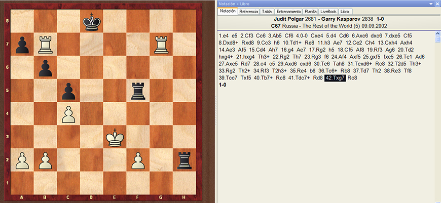 Así quedó el tablero tras la victoria de Judit Polgár contra Garri Kaspárov 