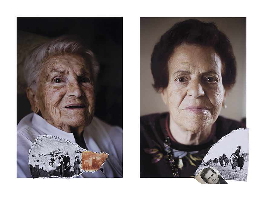 Fotografías de dos mujeres mayores con fotos pequeñas antiguas.