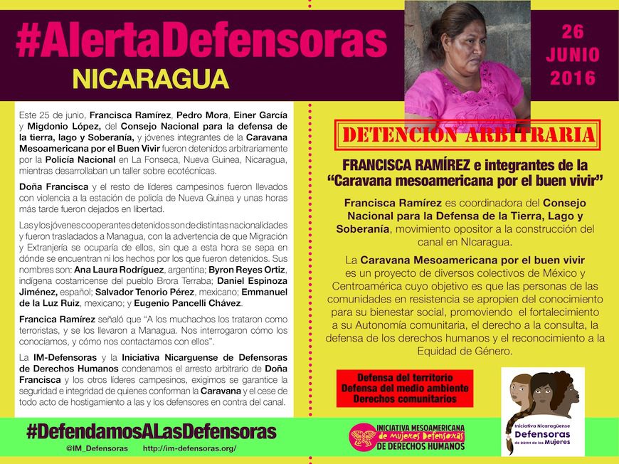 Afiche que difundió en redes la Iniciativa Mesoamericana de Defensoras de Derechos Humanos para denunciar la detención arbitraria de doña Francisca y otros líderes campesinos.