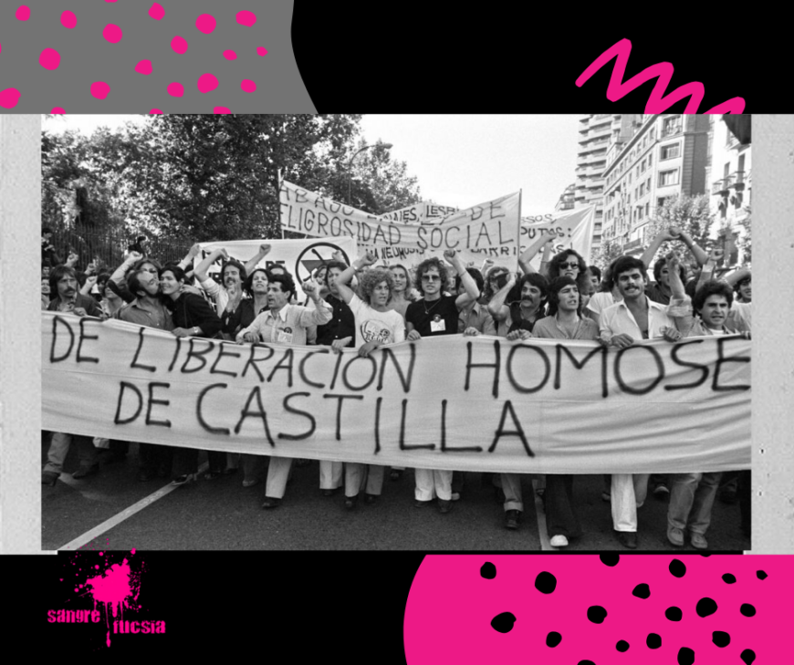 Foto en blanco y negro de una manifestación. EN la pancarta de cabecera se puede leer liberación homosexual de Castilla. 