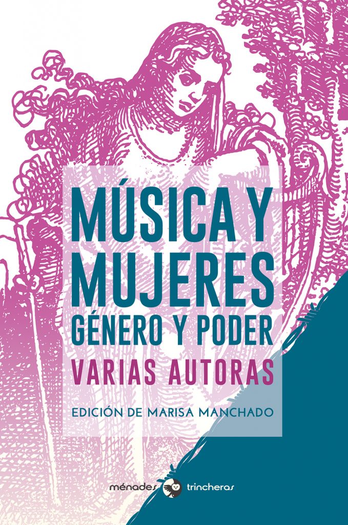 Portada del libro 'Música y mujeres. Género y Poder'. Es una ilustración en morado y blanco de una mujer tocando un arpa. 