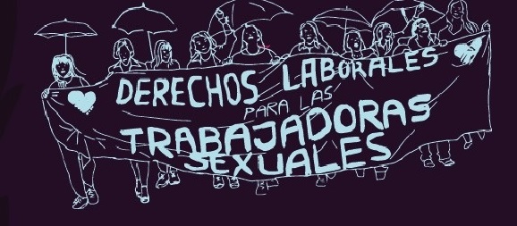 Ilustración de mujeres portando una pancarta en la que se lee "Derechos laborales para las trabajadoras sexuales" para hablar del estigma.